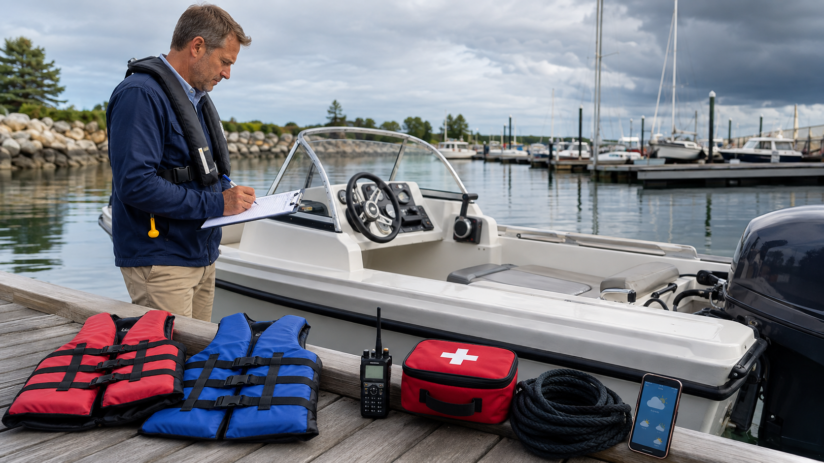 Skipper checking a boat and weather before departure